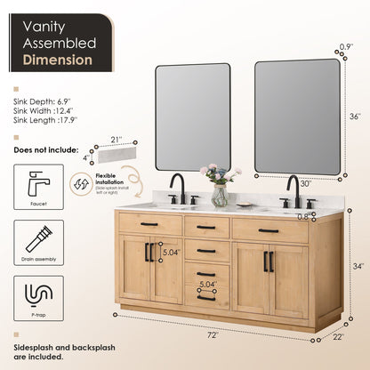 Altair Designs 72" double vanity with top - 557072-WH-GW-NM