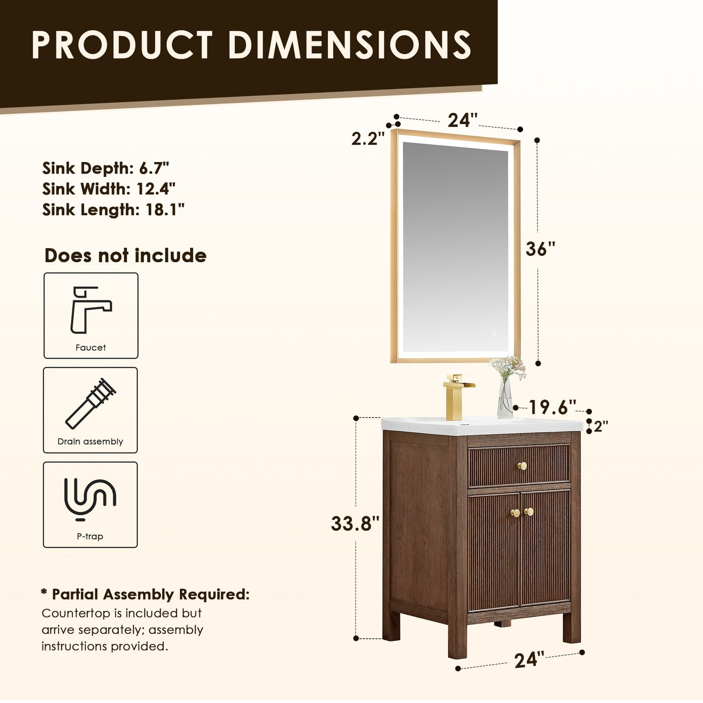 Altair Designs Cerrito 24" single vanity with top - 567024-BK-WH-NM
