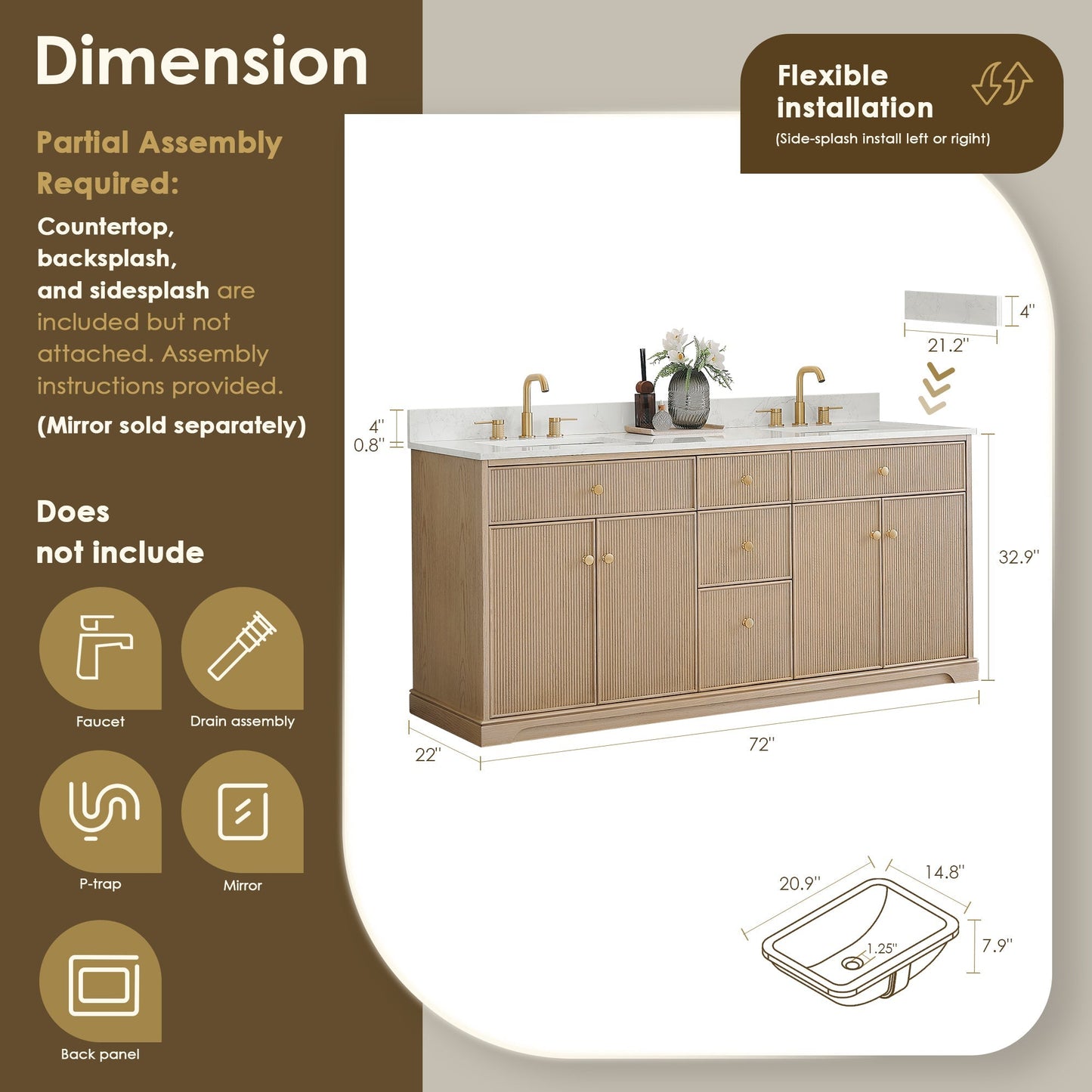 Altair Designs Barnett 36"/48"/60“/72" single/double vanity with top - 589036-NK-GW-NM